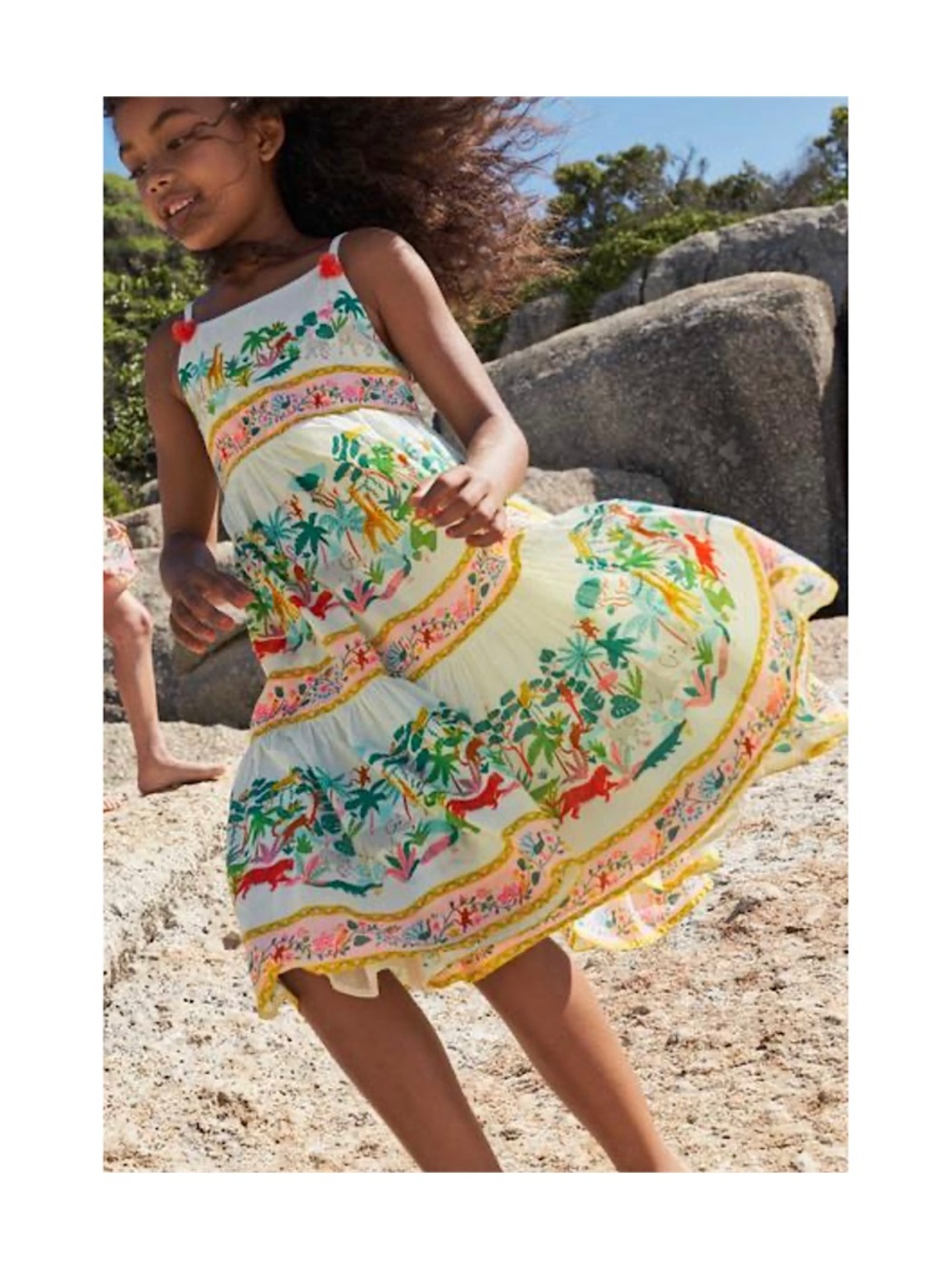 Boden Ivory Tiered Jungle Print Sundress with Bright Accents, size 11-12y, EUC